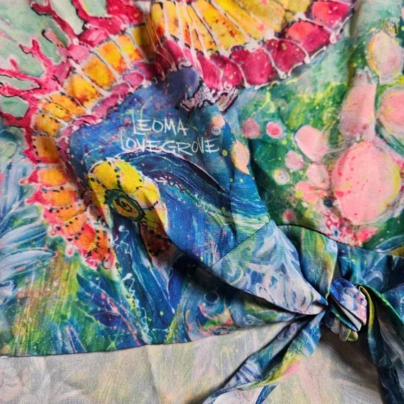 Leoma Lovegrove Seahorse Tie Waist Art to Wear Top Watercolor L Laced Sleeves - Picture 4 of 12